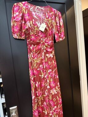 Faherty Pink Floral Maxi Dress with Puff Sleeves